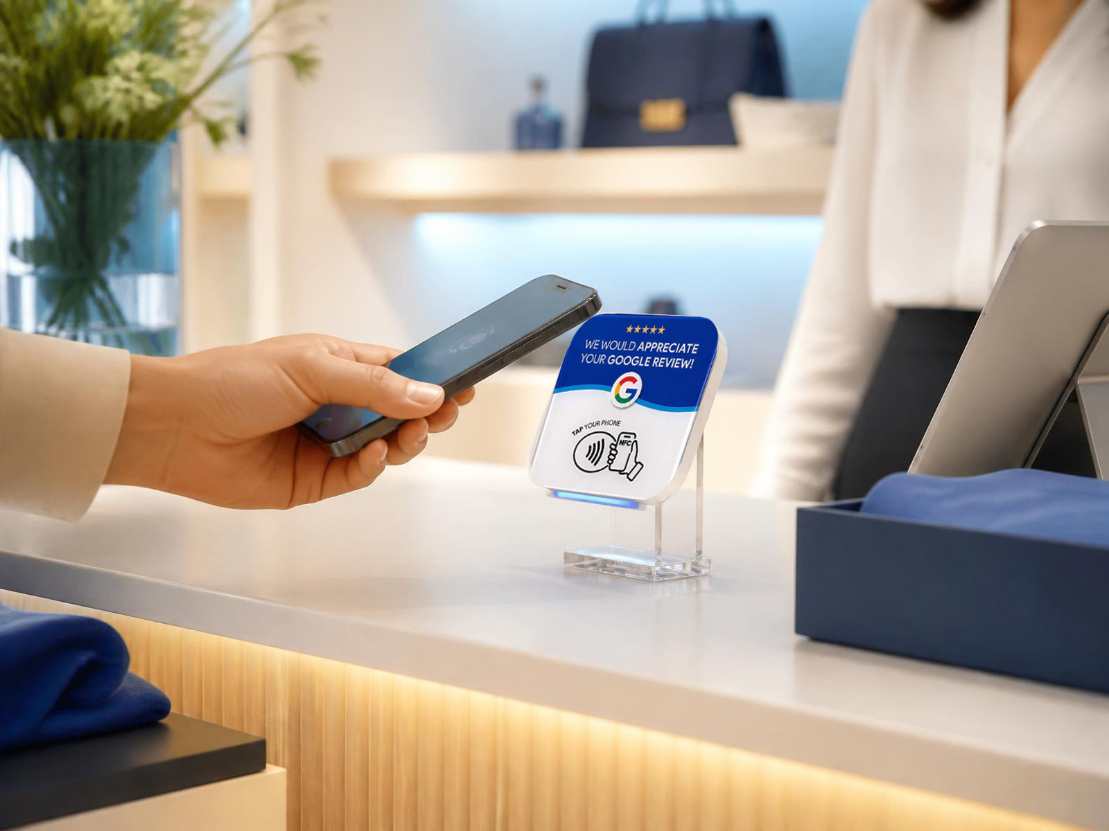 A customer holding a smartphone next to a ReviewTAP card on a shop counter